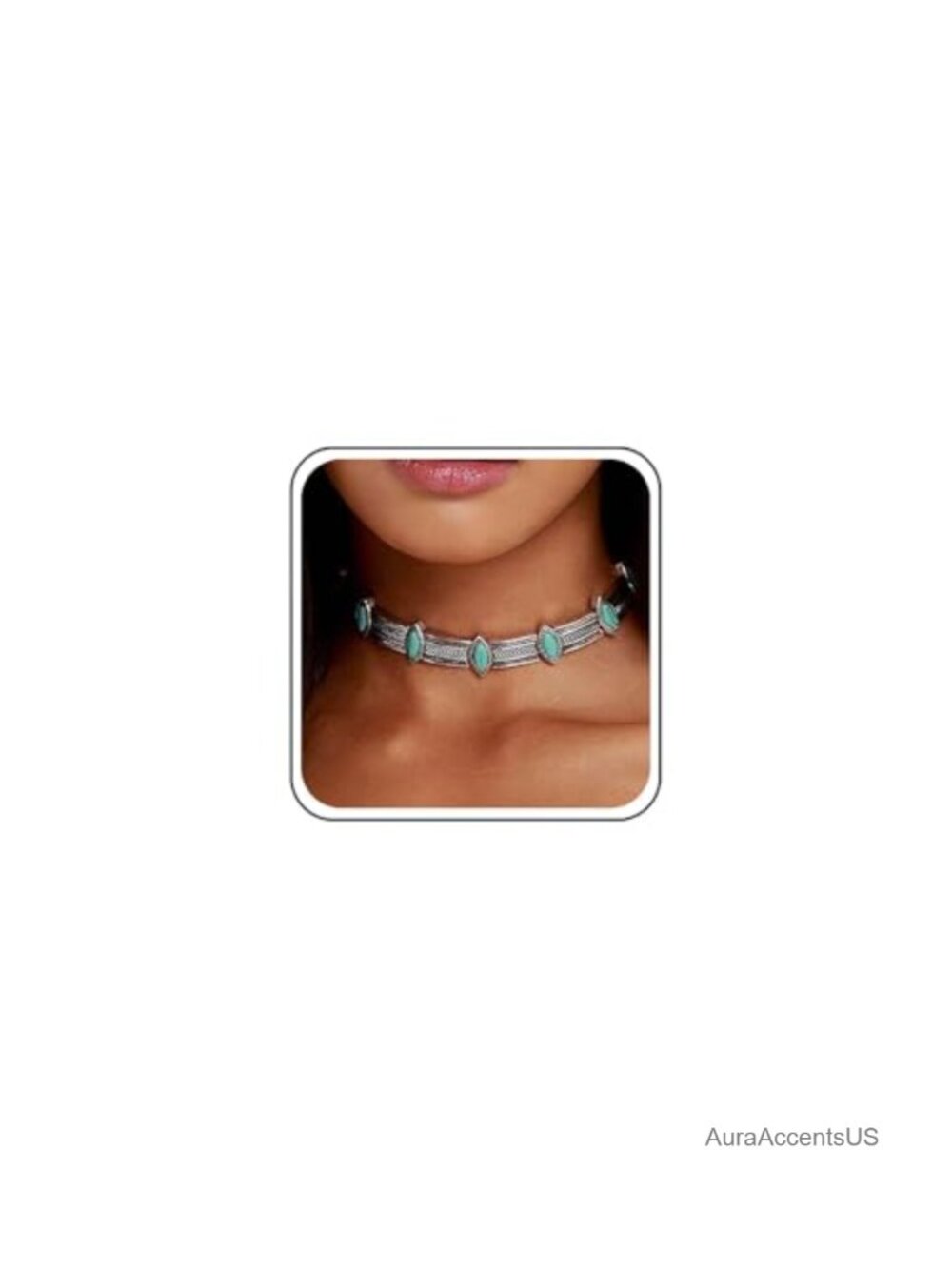 Boho Turquoise Choker Necklace Chunky Silver Chain 14in Tribal Gypsy Jewelry